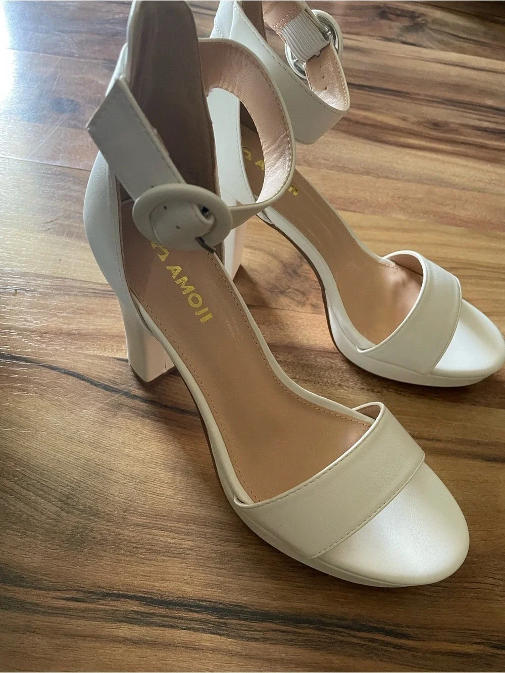 White Block Heel Ankle-Strap Sandals